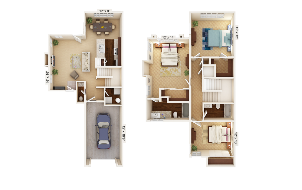 TH Granada - 3 bedroom floorplan layout with 2.5 baths and 1456 square feet.