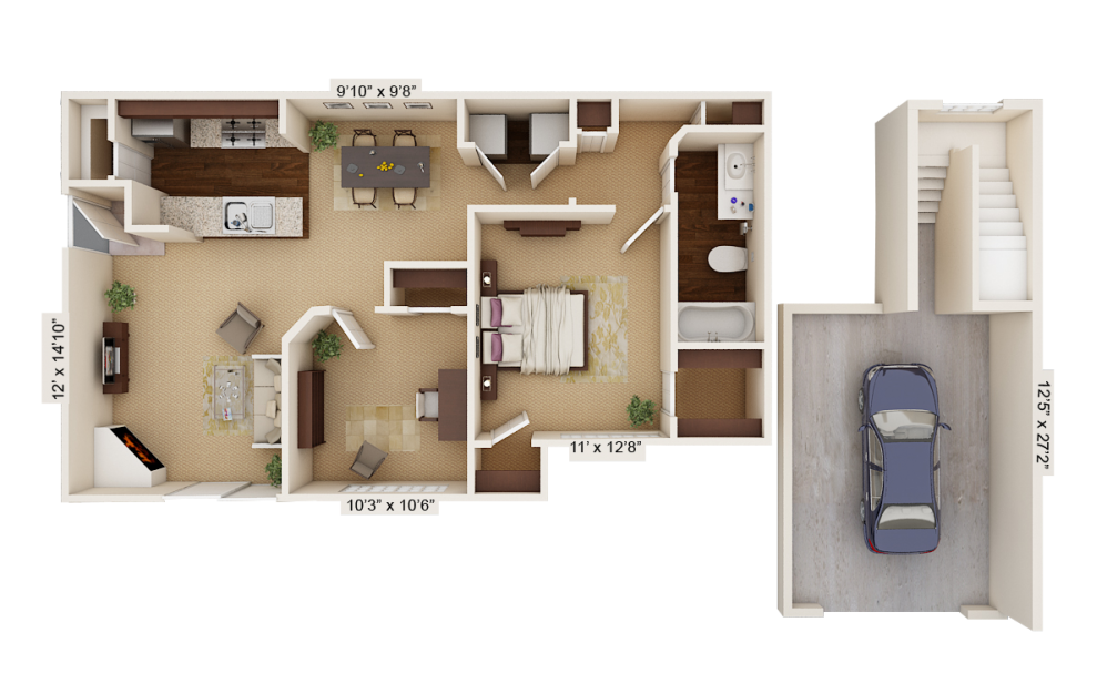 B1 Merida - 2 bedroom floorplan layout with 1 bath and 925 square feet.
