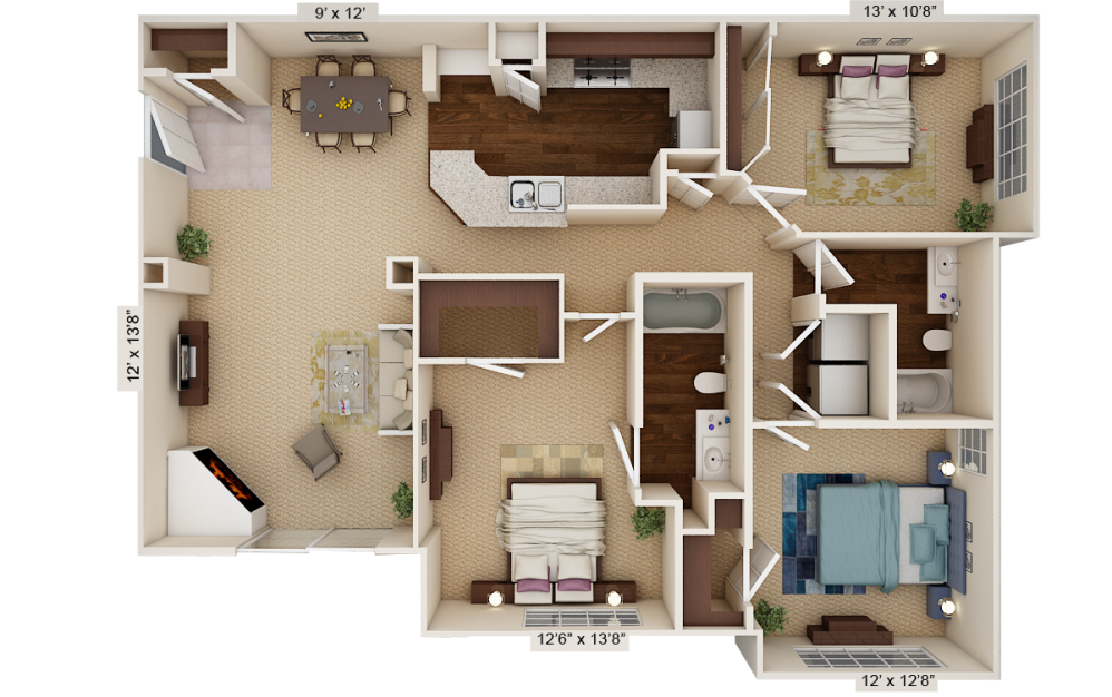 C1 Palencia - 3 bedroom floorplan layout with 2 baths and 1351 square feet.