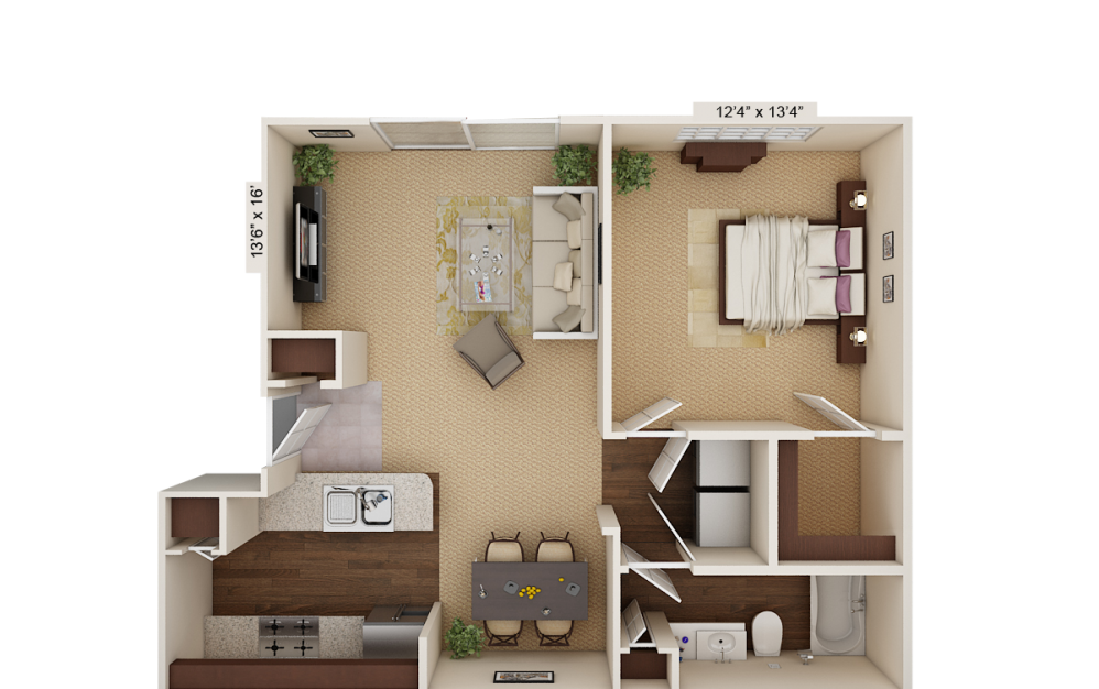 A1 Seville - 1 bedroom floorplan layout with 1 bath and 727 square feet.